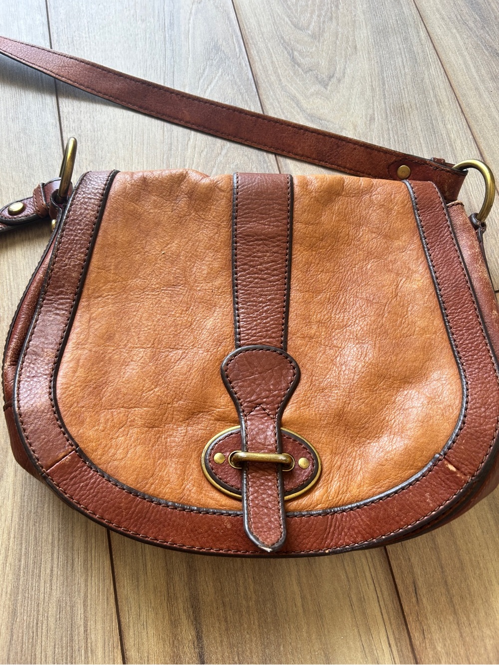 Fossil Two-Tone Tan and Brown Leather Crossbody Saddle Bag